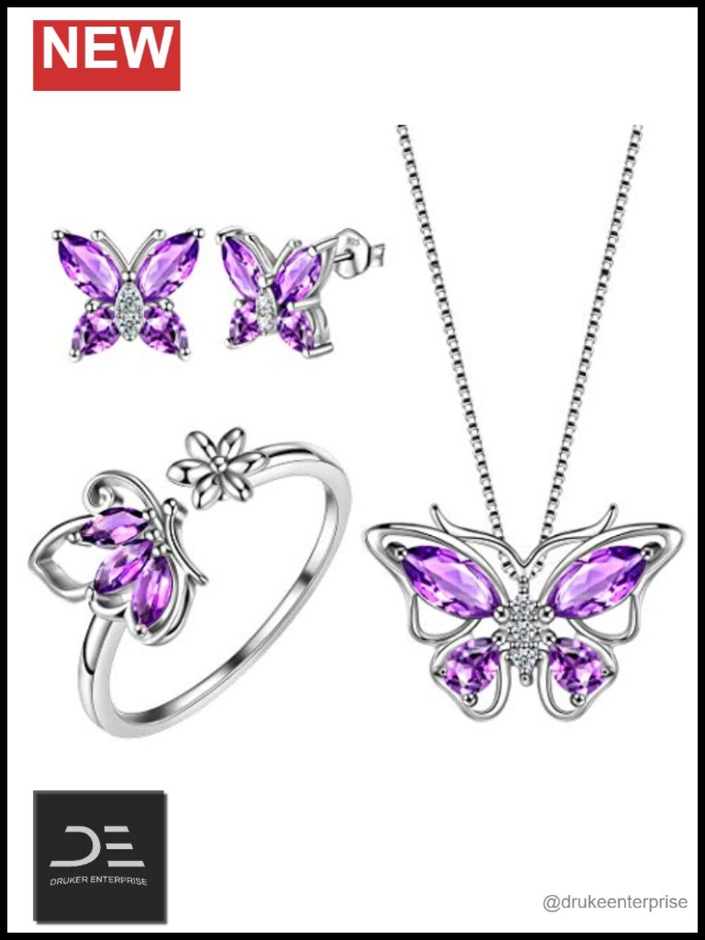 Butterfly 925 Sterling Silver Jewelry Set Necklace Earrings Ring with Cubic